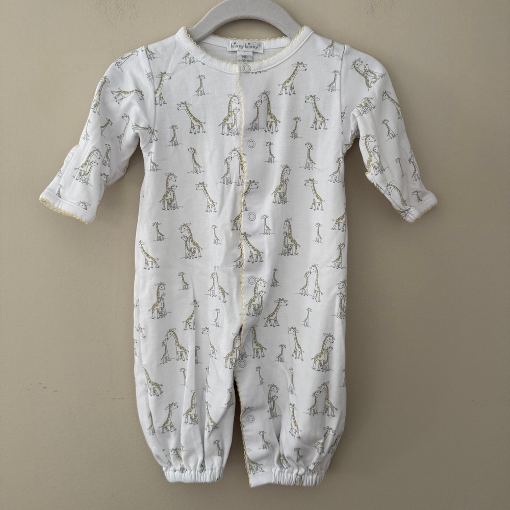 Kissy‎ Kissy Newborn Giraffe Print Pima Cotton Sleeper White Yellow Trim NB